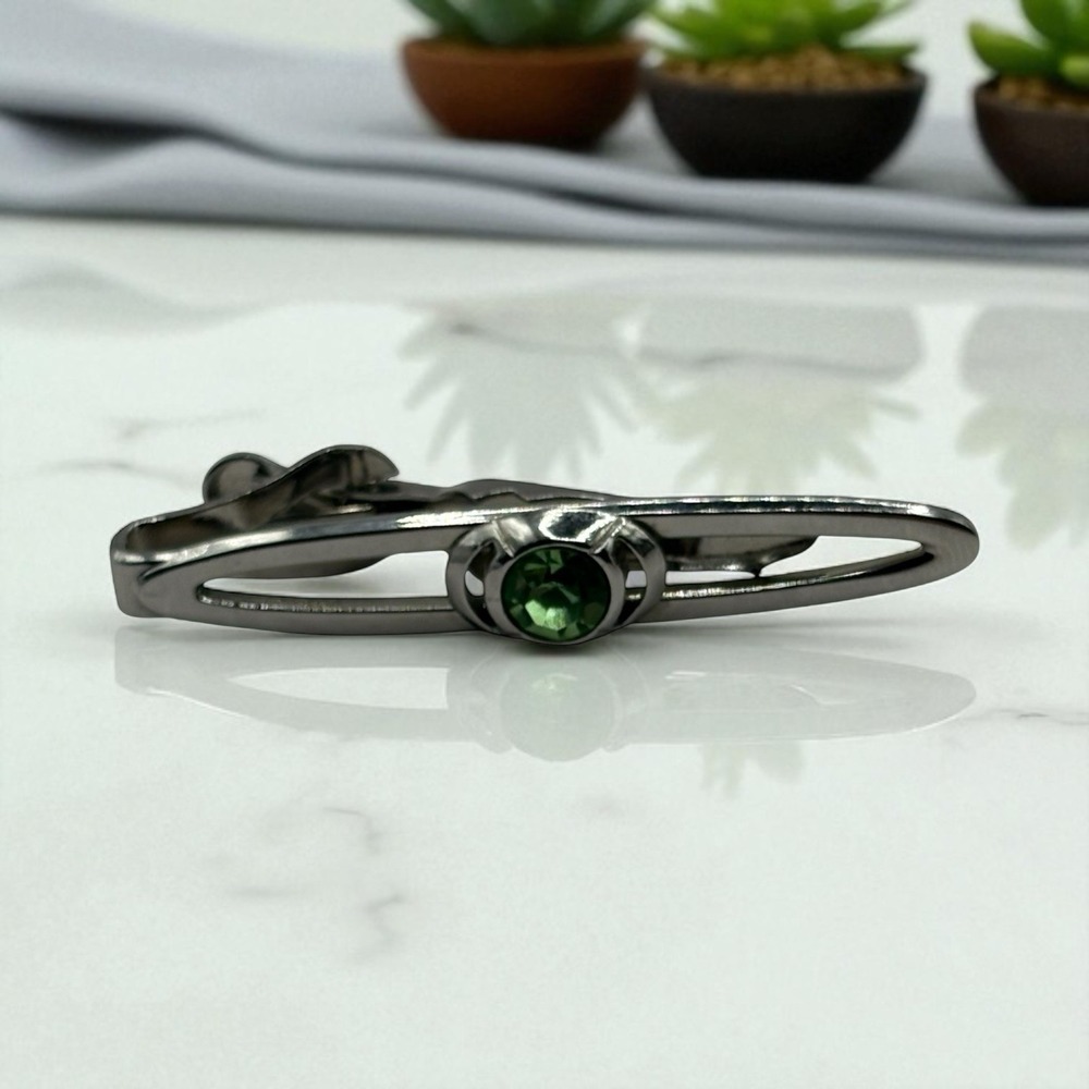 Swank Tie Clip Bar Green Rhinestone Silver Tone Vintage Open Work Design Retro
